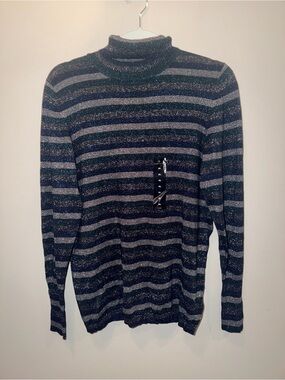 Worthington Metallic Striped Turtleneck Sweater  Silver Glitter shimmer size XL